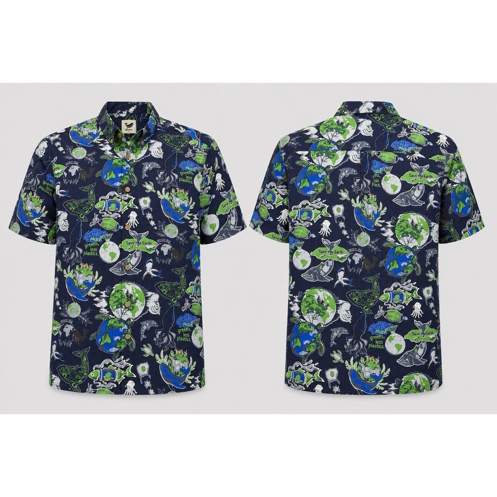 Yiume Hawaiian Bold Save The Earth Pattern ButtonDown S/S Shirt Men's Size 2XL